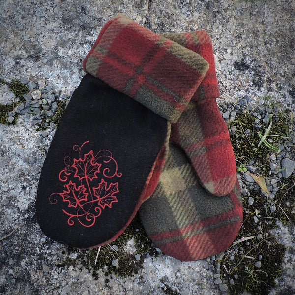 Embroidered Fleece Mittens~Maple Leaf Tartan