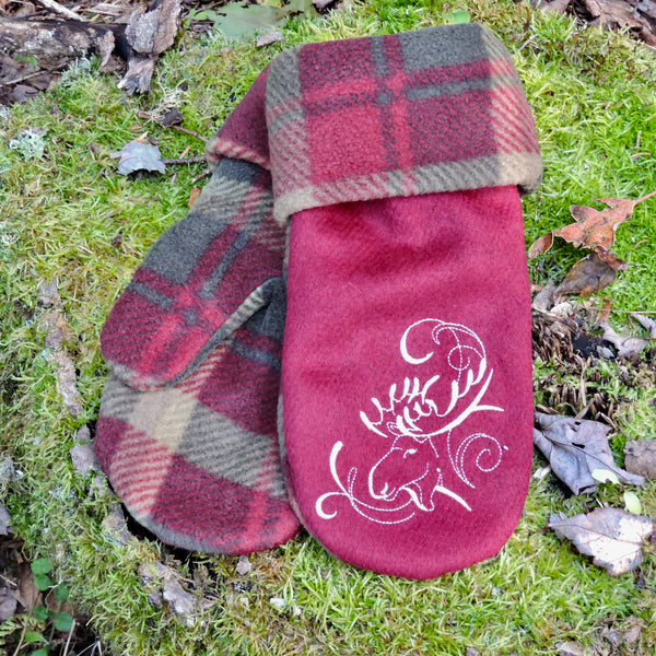 Embroidered Fleece Mittens~Maple Leaf Tartan