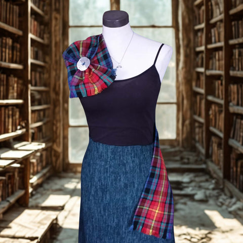 Mannequin wearing a black top and blue skirt with a plaid sash in a library setting