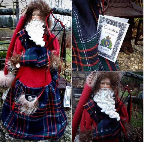 Collage of a traditional Scottish outfit with RCMP tartan skirt and fur accents, featuring a 'Tartans of Canada' RCMP Tartan certificate.